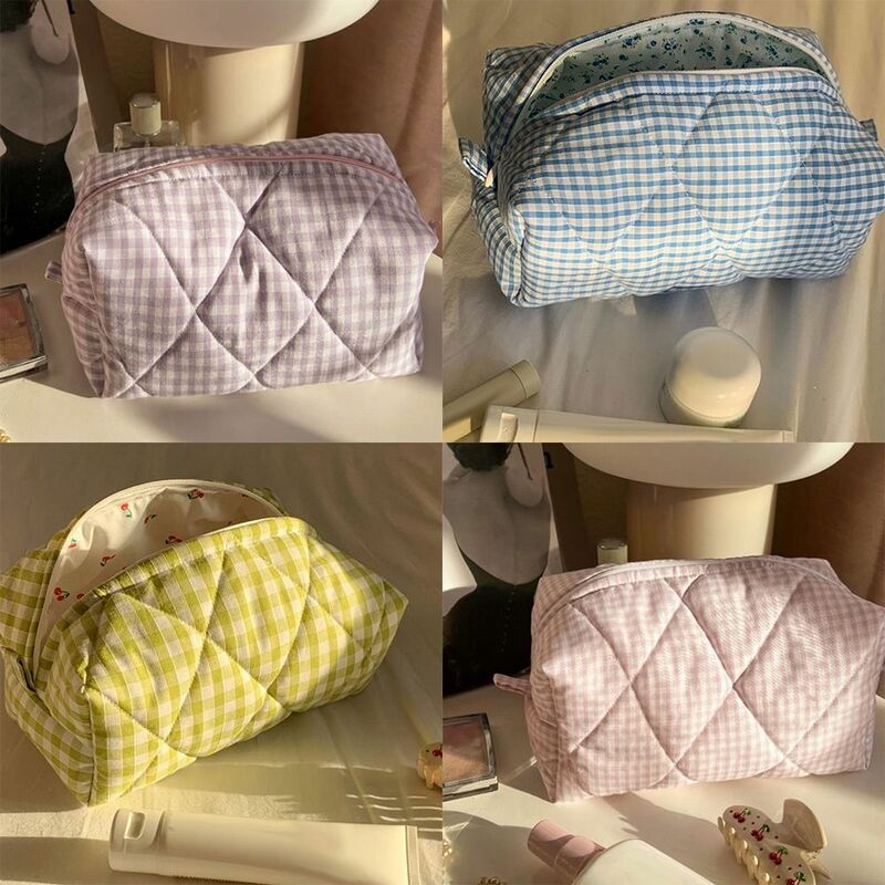 Fashion Checkered Floral Makeup Bag Large Capacity Portable Cosmetic Storage Bag Cotton Quilted Wash Bag Skincare Pouch