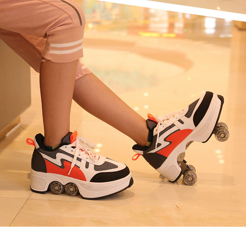 Sapato casual de patins, sapato de deformação, fileira dupla, roda dupla, automático, quatro rodas, dupla finalidade, skate