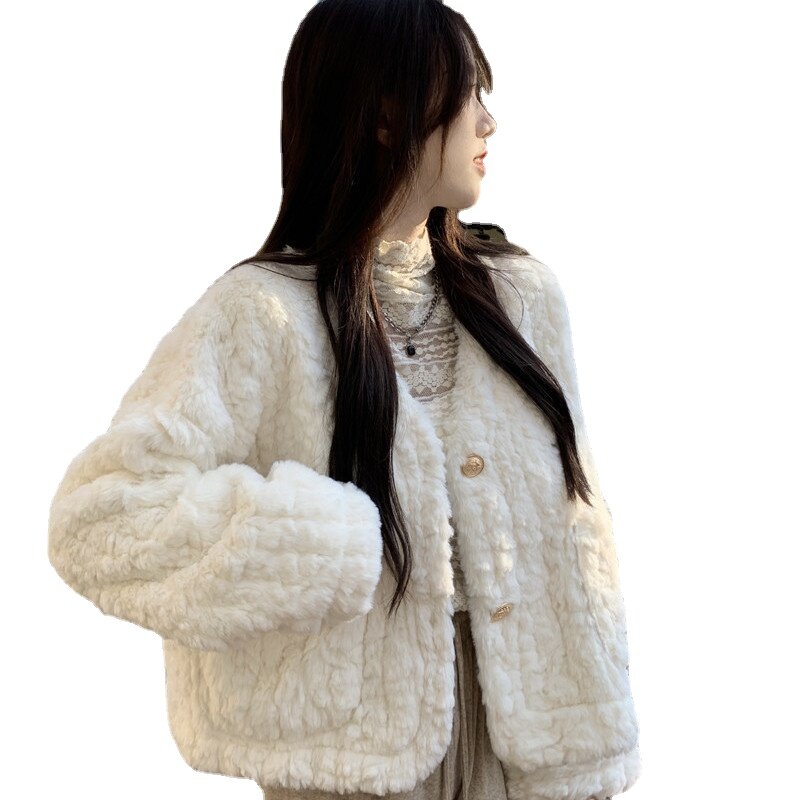 ZXRYXGS темпераментное Трендовое пальто из имитации овечьей шерсти осенне-зимние куртки 2023 Новинка модный топ с V-образным вырезом Женская одежда