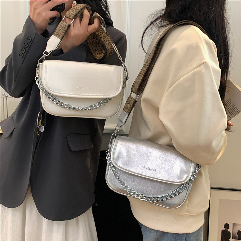 Jacquard Embroidery Shoulder Strap Handbag Solid Color Pu Leather Flap Messenger Bag Women Chain Clutch Bag Silver Crossbody Bag