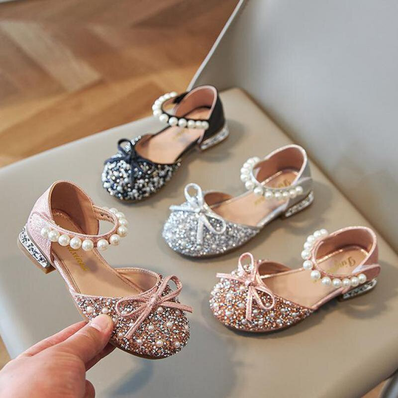 Сандалии для девочек, модная обувь принцессы, весна-лето, новинка, сандалии на плоской подошве с жемчугом и блестками, простая детская обувь, женская свадебная обувь H719