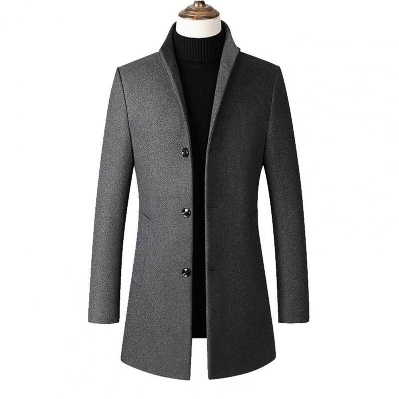Men Trench Coat Stand Collar Men's Business Windbreaker Single-breasted Cardigan Thick Warm Pockets Mid Length Men Jacket