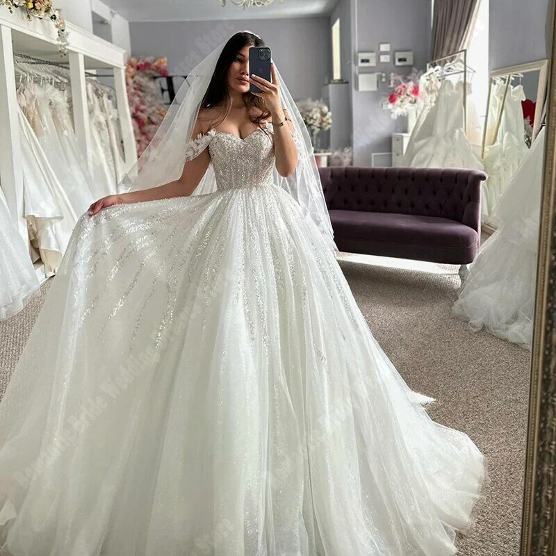 Gaun pernikahan wanita sifon bahu terbuka gaun pengantin A-Line kerah Sweetheart gaun pengantin panjang pel putri Vestidos De Novias 2024