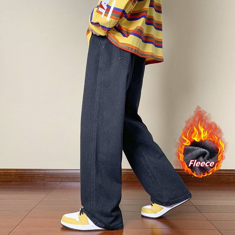 Pantaloni in pile da uomo di nuova moda invernale corea del sud strada allentati Casual spessi classici Unisex coppia pantaloni larghi Jeans caldi