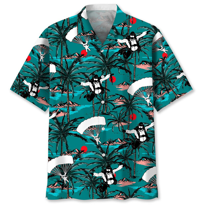 Skydiving Pattern Hawaiian Shirt Men Fashion 3d Printed Tropical Flowers Shirts Summer Street Short Sleeves Lapel Button Blouse