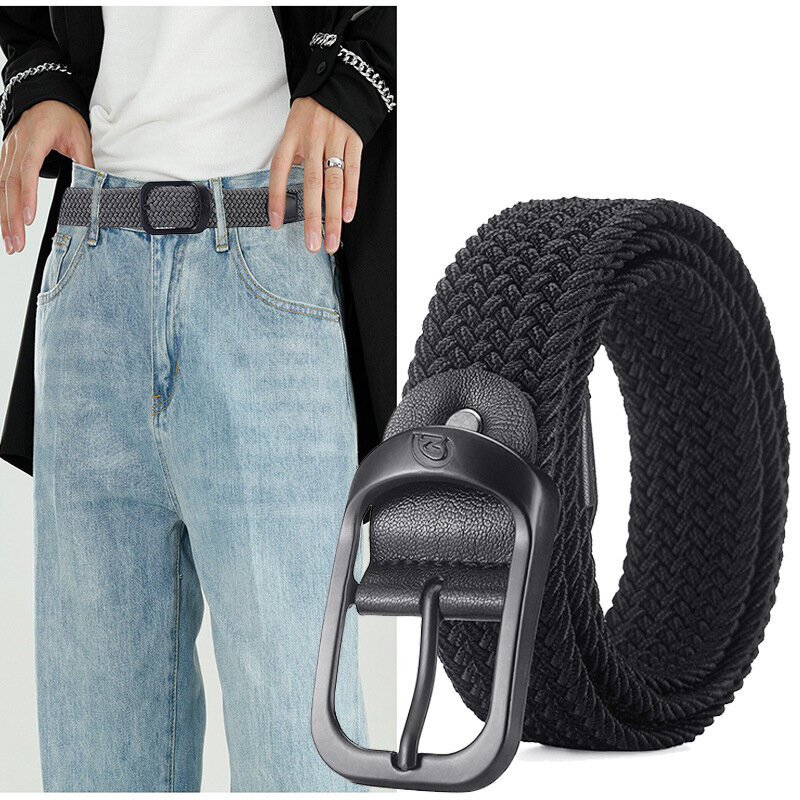 Sabuk nilon tenun kasual Pria Wanita, sabuk celana Jeans elastis Pin gesper 105CM untuk lelaki dan perempuan