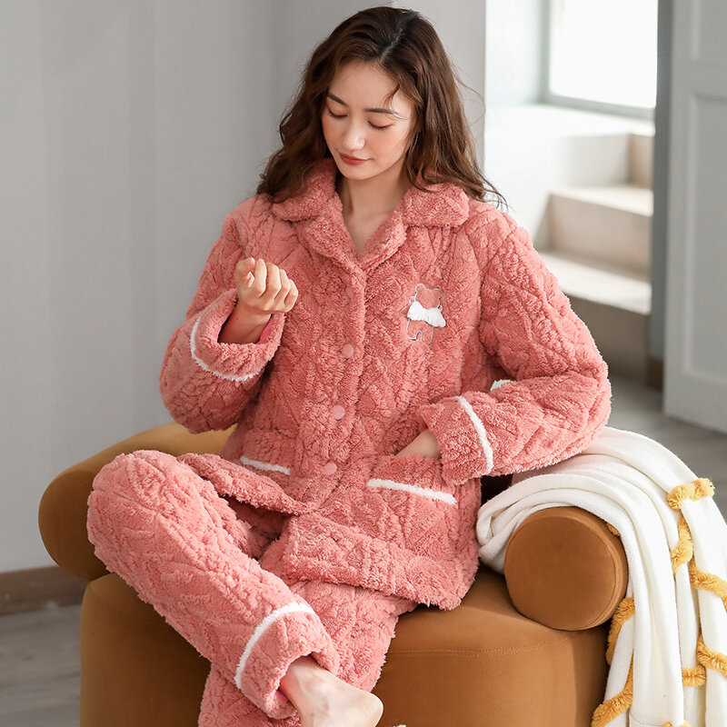 Winter Thick Coral Fleece Quilted Women Pajamas Sets  Female Flannel Warm Sleepwear Home Clothing