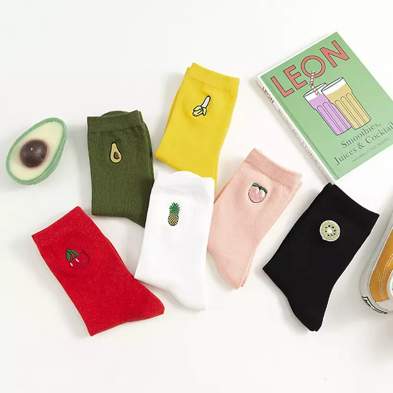 Women Socks Cartoon Embroidered Fruit Animals Sockks Korean Japanese Cute Kawaii Long Sock Funny Girls Warm Socks
