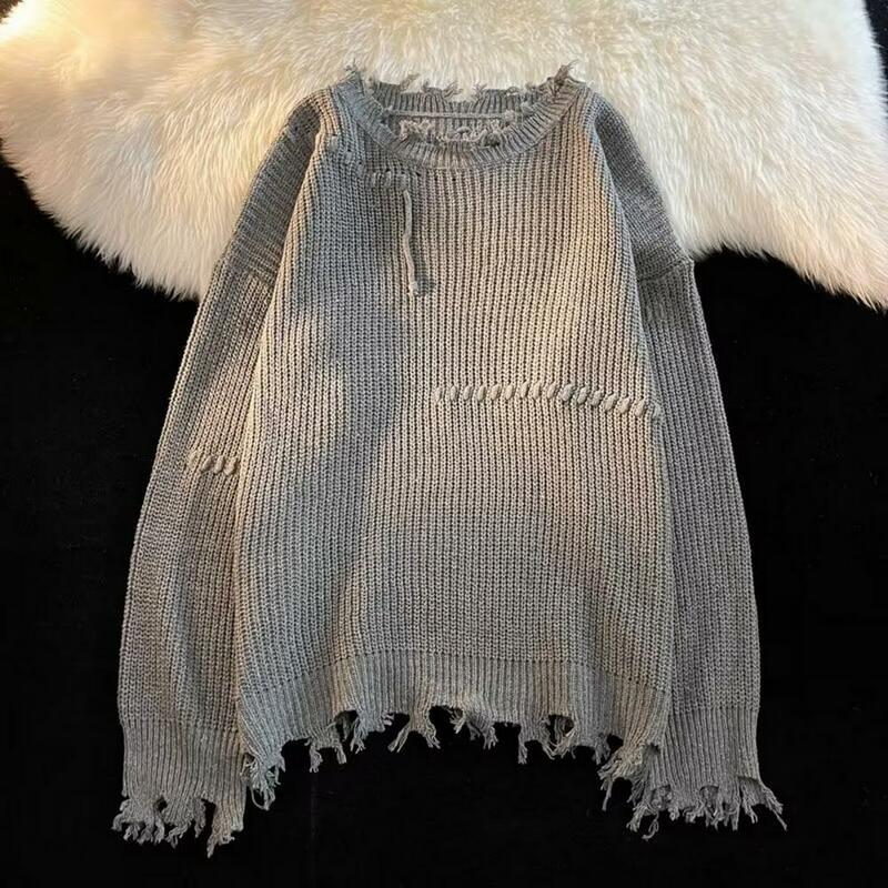 Sweater lengan panjang, Sweater rajut hangat rumbai dengan Detail robek longgar untuk musim gugur musim dingin
