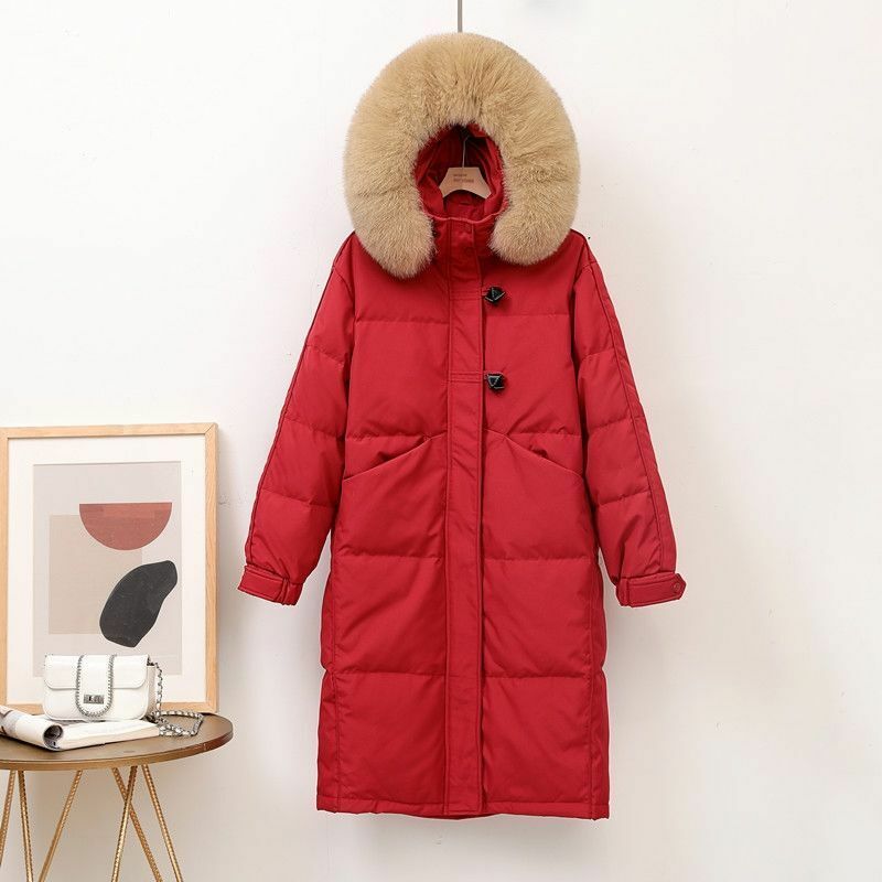 Jaket bertudung untuk wanita, pakaian luar musim dingin kerah bulu tebal hangat mantel panjang longgar atasan Streetwear R491