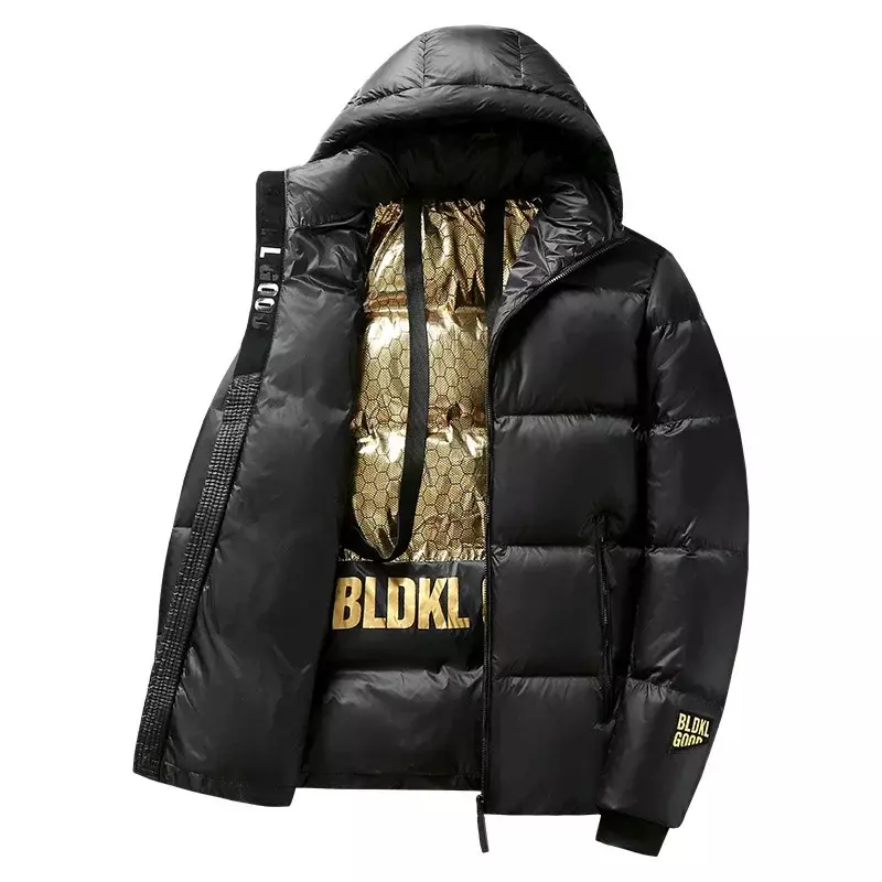 Nowa marka jesienno-zimowa czarna kurtka puchowa męska kurtka pikowana moda płaszcze z kapturem zagęszczone ciepła puchowa kurtka biały kaczy w dół