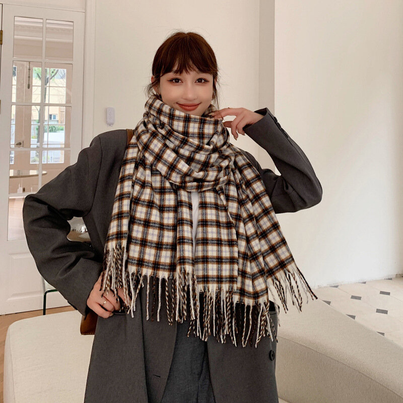 Moda elegante cachecol para as mulheres imitação de cashmere amantes do vintage xadrez borla inverno quente feminino grosso cobertor longo envoltório xale
