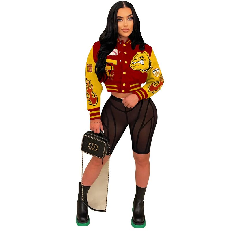 Женская бейсбольная куртка, повседневная бейсбольная куртка с длинным рукавом, круглым вырезом, цветной принтом и блокировкой пуговиц, 2024