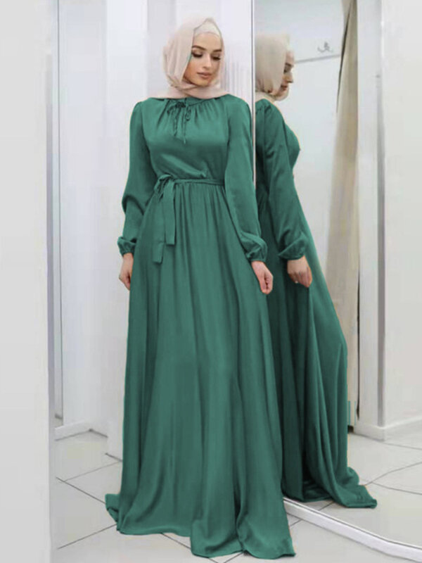 فستان طويل أنيق للنساء ، مصباية ، برباط ، أكمام طويلة ، بطول الكاحل ، رداء عربي ، رمضان ،