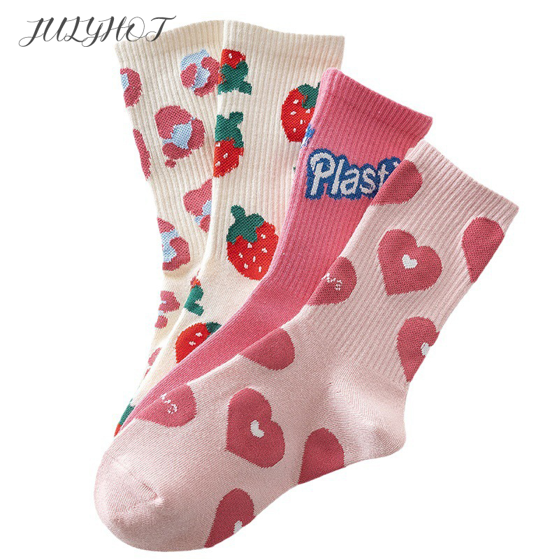 Calcetines de algodón para mujer, medias con protección contra el viento y calor al aire libre, color rosa fresa, Harajuku
