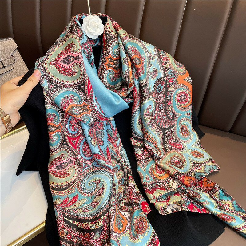 Большой Шелковый атласный шарф 180*90 см, Женский хиджаб с принтом, новая весенняя шаль, женский платок, ручной платок из пашмины, для путешествий, новинка 2022