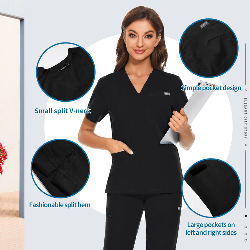 Uniforme médical d'infirmière unisexe, hauts de gommage de couleur unie pour femmes, uniforme d'infirmière décontracté, chemise de travail de médecin à col en v clinique