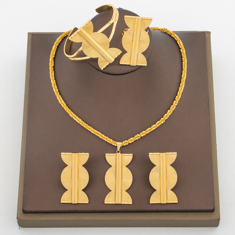 Set di gioielli da donna di moda per matrimoni orecchini Color oro e collana con ciondolo Set di anelli per braccialetti accessori per la sposa del partito