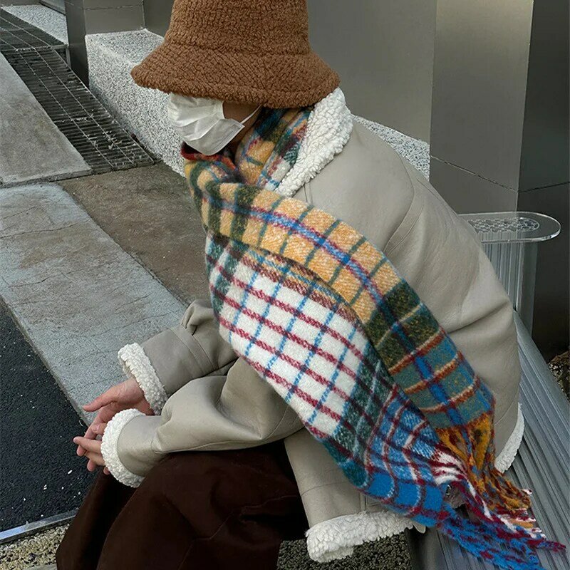 Винтажный цветной клетчатый кашемировый шарф с кисточками, утолщенный теплый зимний Повседневный корейский шарф, шаль из пашмины мохеровый шарф для женщин и мужчин