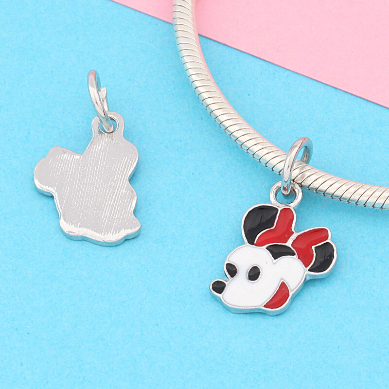 Pendentif Mickey en émail noir et blanc pour femmes, breloques Pandora, nœud rouge, perles Minnie, bijoux à faire soi-même, accessoire Disney Dangle