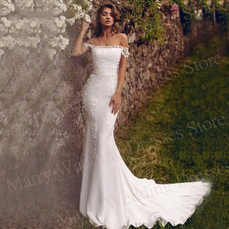Seksowna smukła syrenka nowoczesne suknie ślubne aplikacje koronkowe suknie panny młodej z ramienia bez rękawów satynowe Vestidos De Novias 2024