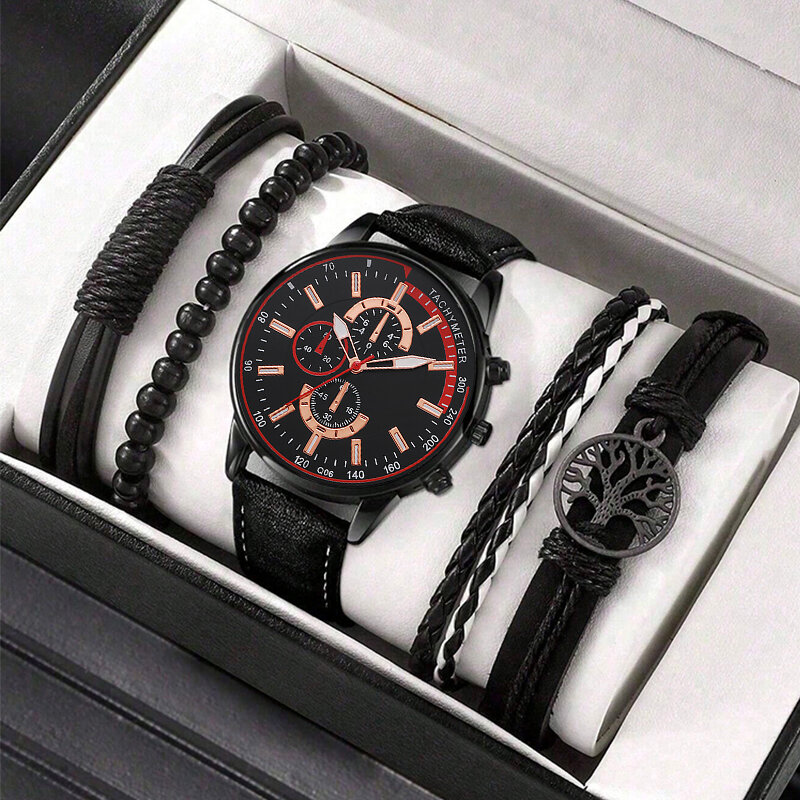 5 Stuks Set Mode Heren Zakelijke Horloges Voor Mannen Zwarte Boom Van Het Leven Hand Touw Luxe Man Sport Casual Quartz Horloge Reloj Hombre