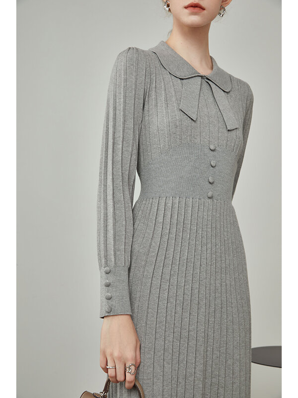 Fansilanen – robe en tricot avec nœud pour femme, tenue de bureau, col de poupée, à fond en laine, vêtements pour femmes, nouvelle collection automne hiver 2021