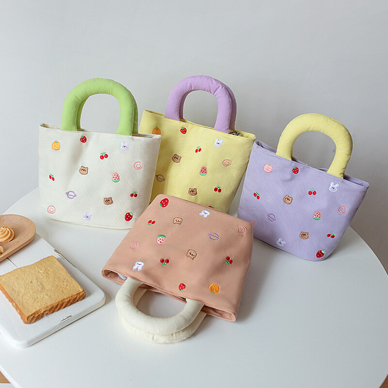 2024 Summer Canvas Girls Handbag Cute Embroidered Cloth Bag for Female Student Cotton Filling Lunch Bag School Work Shoulder Bag