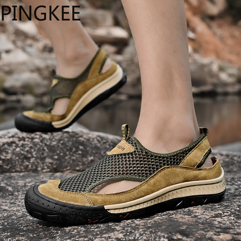 Кроссовки PINGKEE мужские с круглым носком, кожаные сандалии с сетчатым верхом, для походов и пеших прогулок