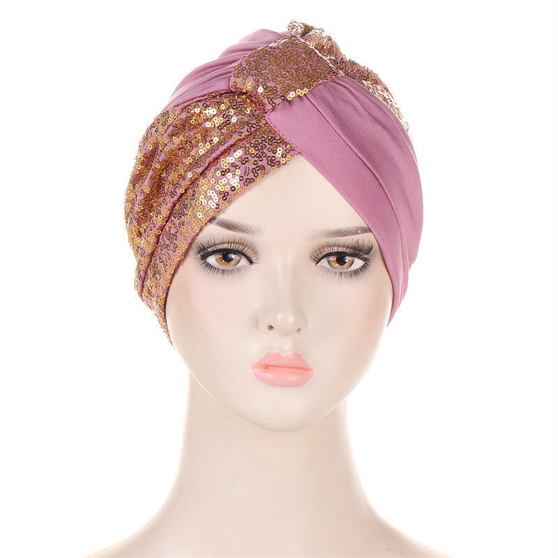 Glitter Pailletten Dames Tulband Caps Moslim Mode Knoop Hoofd Wraps Indian Hoed Islamitische Hoofddeksels Chemo Cap Dame Haaraccessoires