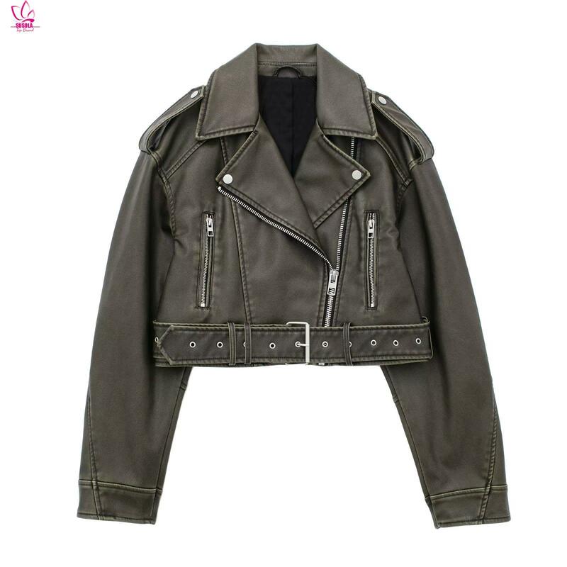 SUSOLA Damska kurtka Vintage Loose Pu Faux Leather Short Jacket z paskiem Streetwear Damski zamek błyskawiczny Retro Moto Biker Coat Odzież wierzchnia Tops
