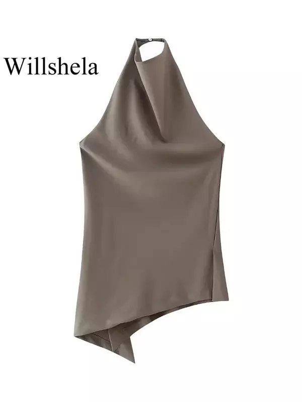 Willshela-Tops com gola halter plissada marrom e calça reta feminina, terno chique para senhora, moda vintage feminina, conjunto 2 peças