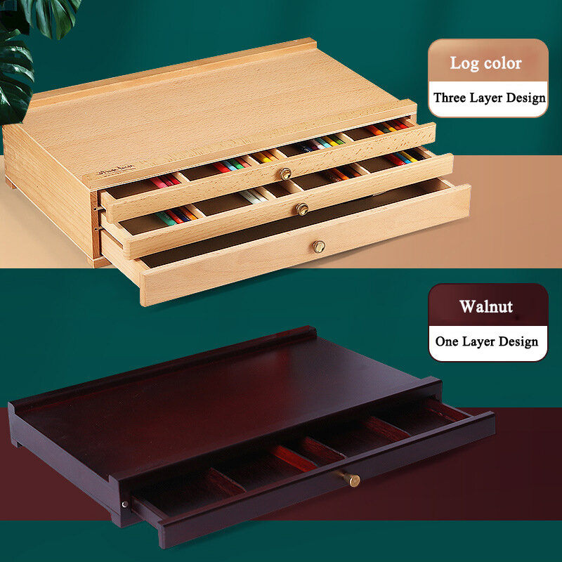 Premium Beech Wood Desk Storage Drawer 1/3-Drawer Storage Box Easel Portable Artist Desktop Case Store Art Paint Markers Pencil