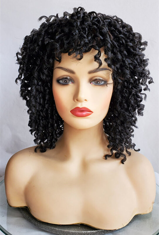 Peluca larga ondulada para mujer, cabello rizado Natural sintético, marrón oscuro, con flequillo completo