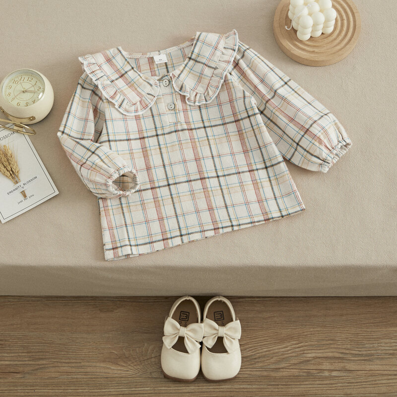 VISgogo Toddler Kids Girls Sweet Blouses Plaid/Solid Color Doll Collar Long Sleeve Shirts Spring Autumn Fashion Casual Tops