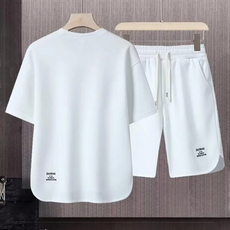 Męska zestaw odzieży sportowej zestaw odzieży sportowej w stylu Retro z luźny T-shirt spodenkami w jednolitym kolorze z okrągłym dekoltem dla wygody
