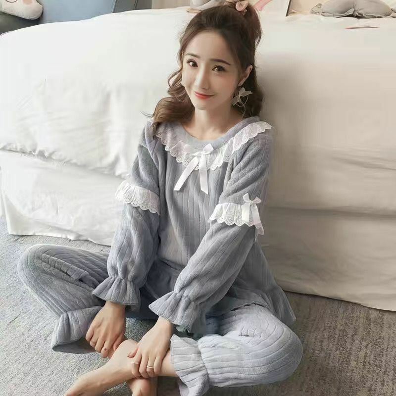 Ropa de dormir Kawaii para mujer, conjuntos de pijama de manga larga, camisones de franela de encaje, conjuntos de ropa de casa estampados, moda coreana, cálido y suelto
