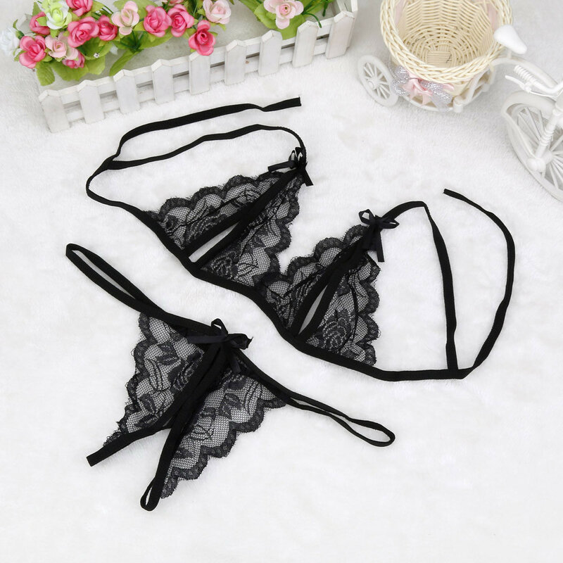 Sexy Open Crotch Thong Lingerie Set Lace Floral Crotchless Lingerie For Women Erotic See Through Underwear Set Sleepwear