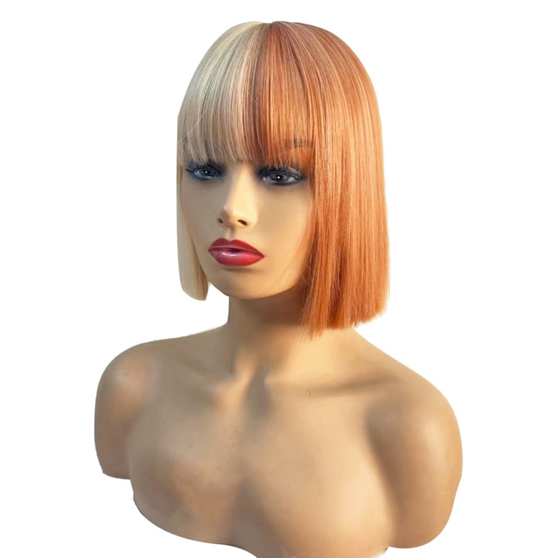 10 Inches Wig with Bangs Pumpkin Head Beige Brown Shoulder Length Synthetic Wig Use Short Straight Wig Set