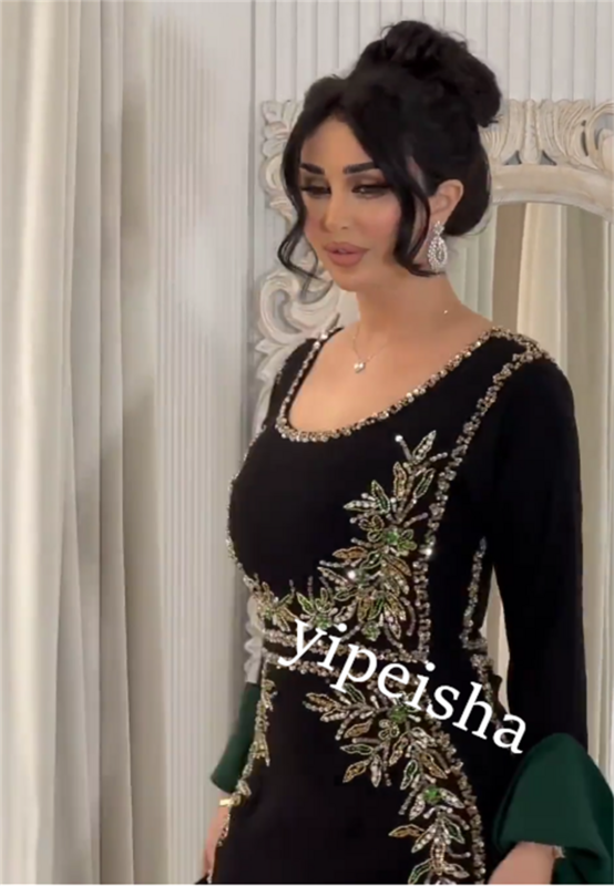 Prom Dress Evening Saudi Arabia Jersey Rhinestone Evening Sheath O-Neck Bespoke Occasion Gown Midi Dresses