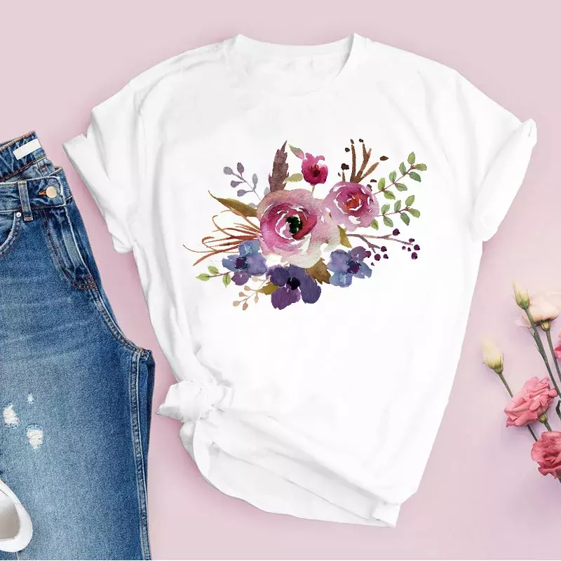 T-shirt imprimé floral graphique pour femmes, t-shirts vintage pour femmes, vêtements en Y, mode décontractée, mignon, style des années 90