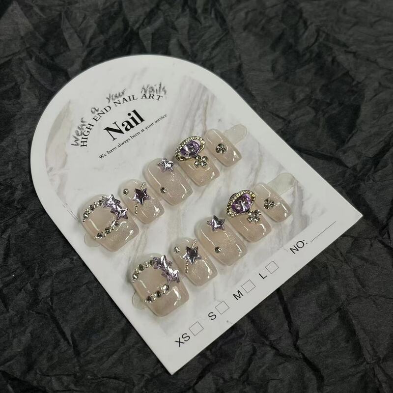 10Pcs Cat Eye Handmade Fake Nails with Saturn Design Pure Color Shiny Press on Nail French Style Short False Art Nail Tips