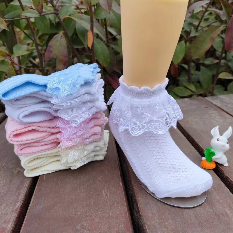 Meias finas de algodão princesa para crianças, meias curtas de tornozelo ponto, plissado de renda para criança branca e rosa, bebês meninas, primavera e verão