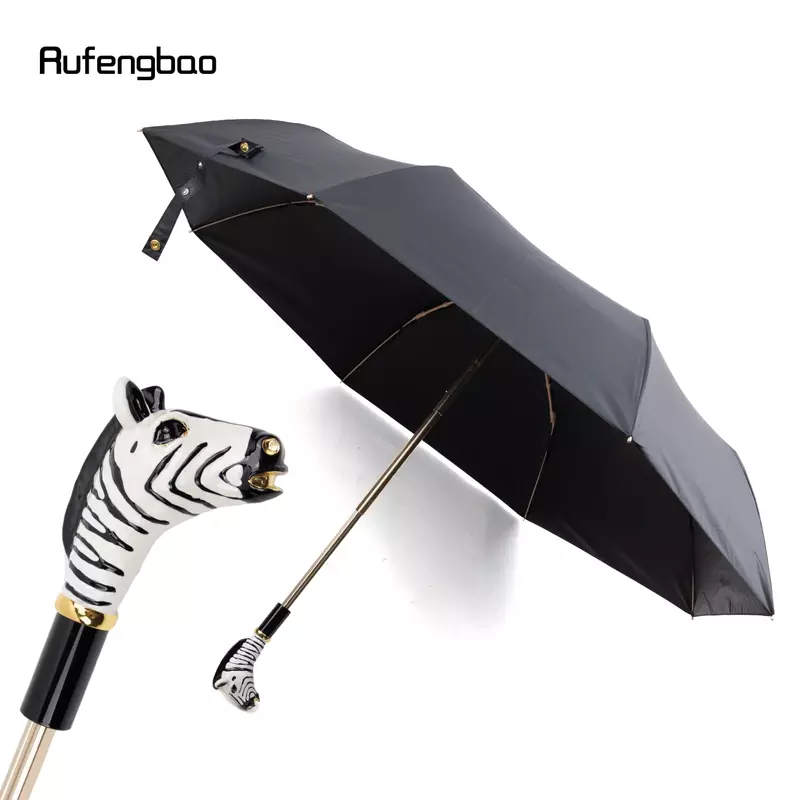 Guarda-chuva automático com alça zebra para homens e mulheres, guarda-chuva dobrável com proteção uv, para dias ensolarados e chuvosos