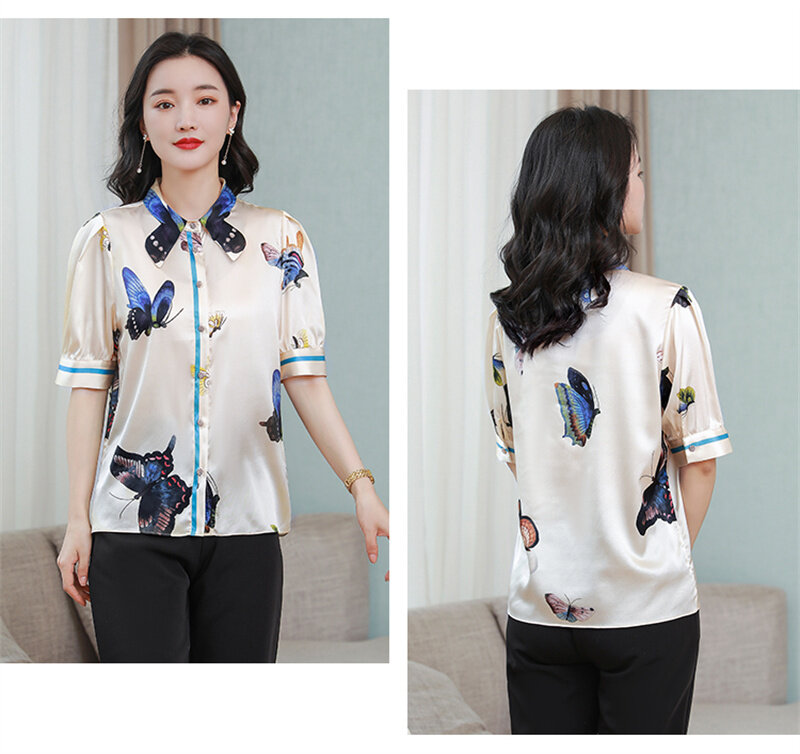 FANIECES 한국인리뷰많은옷 camisas e blusa Summer New Celebrity Fashion Tops Shirt Polo Collar Short Sleeved Satin Printed Shirt