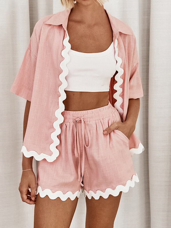 Женская хлопковая ночная рубашка Marthaqiqi, комплект с рукавом до локтя, одежда для сна с отложным воротником, шорты, повседневный пижамный комплект, на лето