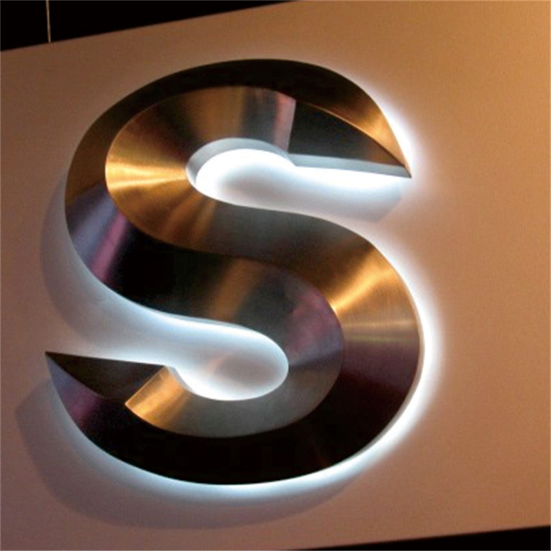 Outdoor 3D back lit gold stainless steel LED letters shop signs, real illuminated business logo signs