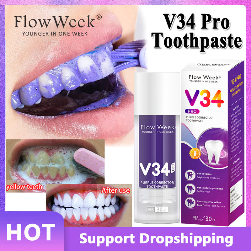 FlowWeek pasta de dientes púrpura, blanquea los dientes, elimina las manchas de humo y café, V34