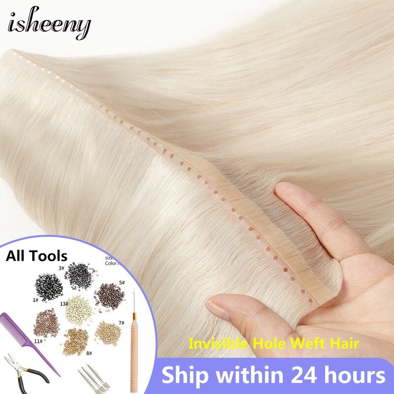 Invisible XO Hole Weft Hair Extensions 12 inches Blonde Twin Tabs Human Hair Natural Straight Pull Through Micro Weft With Tools