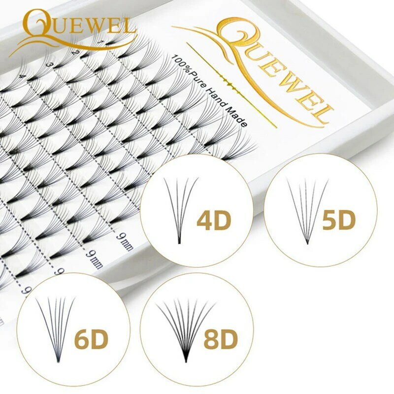 Quewel 3D/4D/5D/6D/8D Ventiladores de volumen prefabricados Tallo corto Extensión de pestañas rusas Pestañas Extensión de pestañas de seda de visón C/D Curl
